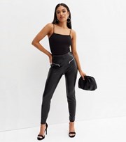 New Look Petite Black Leather-Look Zip High Waist Leggings